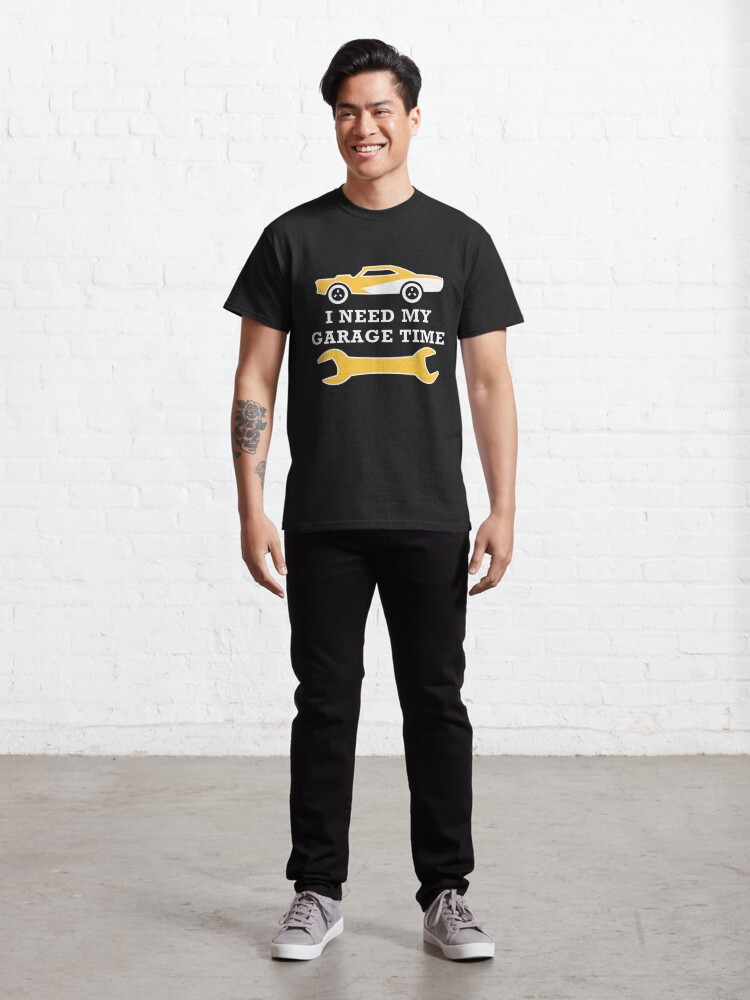 Classic T-Shirt, I need my garage time - Yellow with white outline designed and sold by twincastlegames