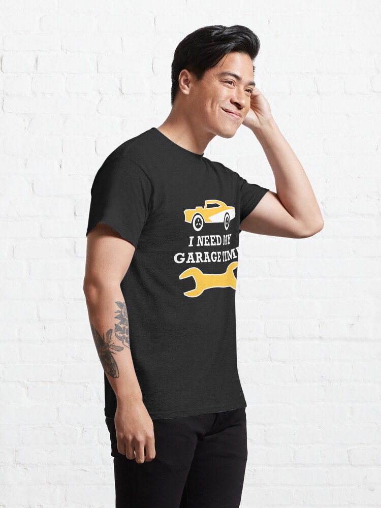 Alternate view of I need my garage time - Yellow with white outline Classic T-Shirt