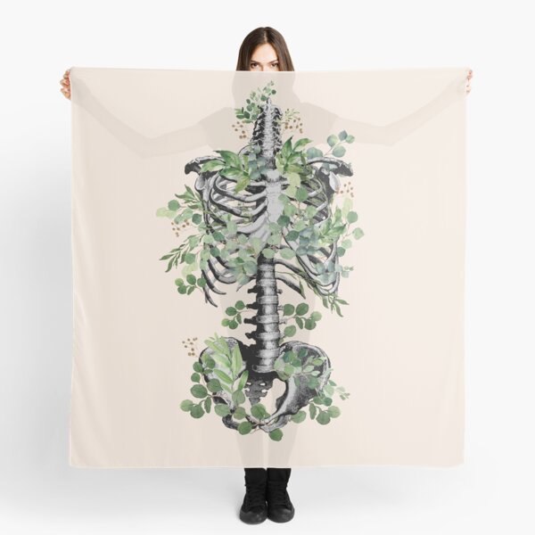 Botanical anatomy, rib cage, pelvis, eucalyptus leaves floral skeleton Scarf