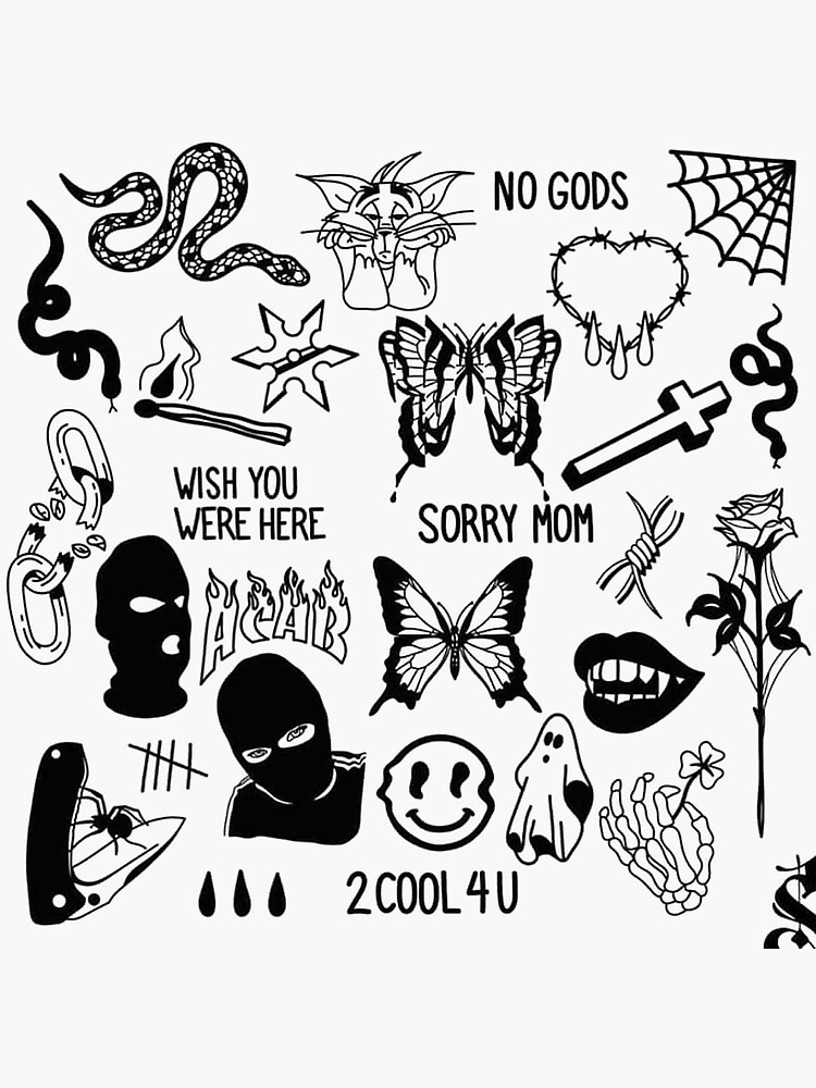 Grunge stickers  Tattoo flash sheet, Black and white stickers