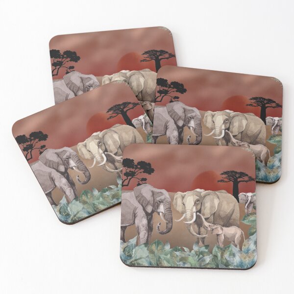Item preview, Warm Sunset, Peace and Serenity, Elephant Family. Rose gold skies and desert plains, mixed media art, watercolor elephants and foliage designed and sold by Orianah.