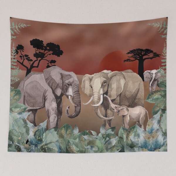 Item preview, Warm Sunset, Peace and Serenity, Elephant Family. Rose gold skies and desert plains, mixed media art, watercolor elephants and foliage designed and sold by Orianah.