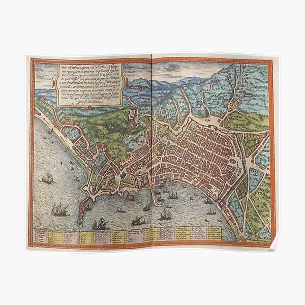 Vintage Map of Naples Italy (1572) Poster