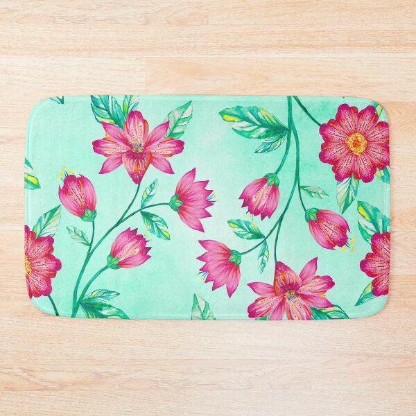 Item preview, Folkloric syle watercolour and ink painting of flowers in pinks & greens designed and sold by JenWren3135.