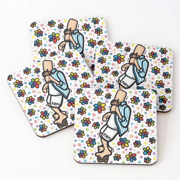 Aperçu de l'œuvre arc-en-ciel floral | Skateur à rayures bleu ciel buvant du café créée et vendue par DESIGNBRAND.