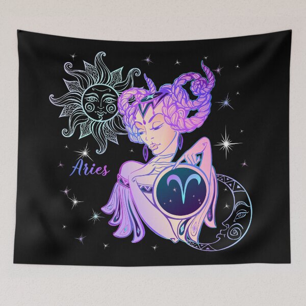 Item preview,  Aries Zodiac Neon Lady With Sun and Crescent Moon designed and sold by Trinket-Trickster.