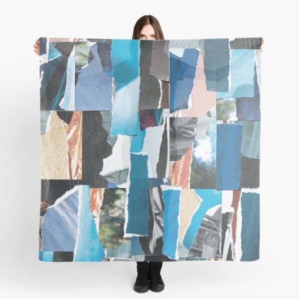 Collage of Minimal Crooked Blues, Abstract Pattern Paper Art from Magazine Pages. Scarf
