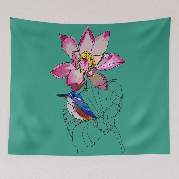 Item preview, Kingfisher on lotus continuous line sketch designed and sold by orangerinka.
