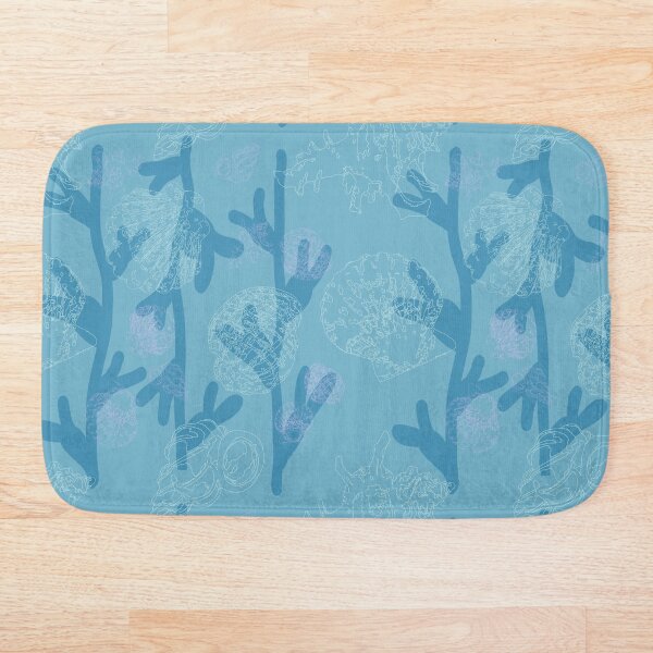 Seashells seaweed pattern in blue Bath Mat