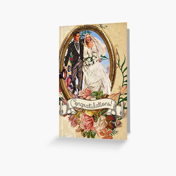 Item preview, Retro Bride and Groom Wedding Collage designed and sold by GrayHareCards.