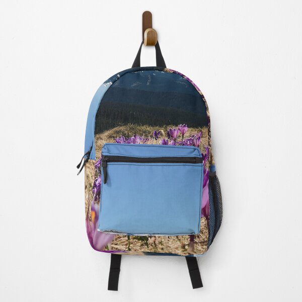Item preview, purple saffron flowers with Snowy mountain peaks on the background. beautiful spring nature scenery. designed and sold by ExploreYK.