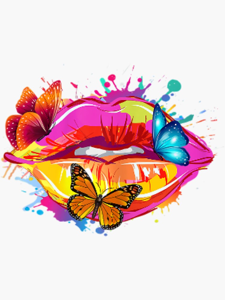 Whimsical Butterfly Bliss: Colourful Lips on a White Canvas | Sticker