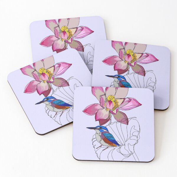 Item preview, Kingfisher on lotus continuous line sketch on light purple designed and sold by orangerinka.