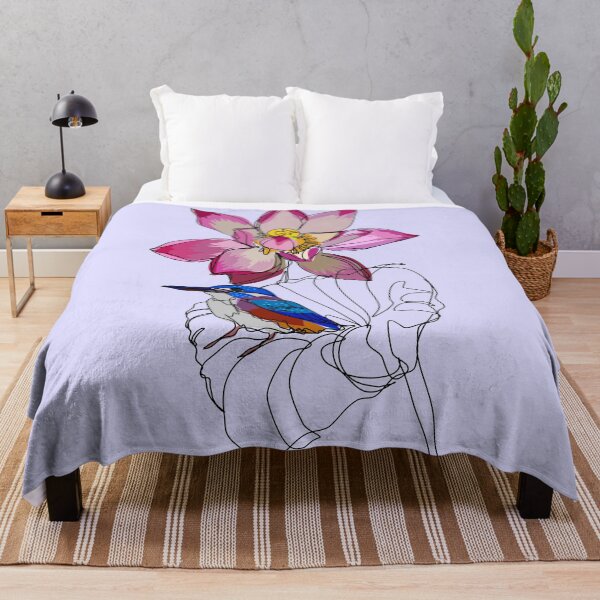 Item preview, Kingfisher on lotus continuous line sketch on light purple designed and sold by orangerinka.