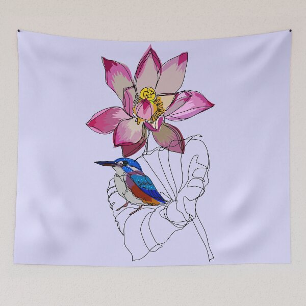Item preview, Kingfisher on lotus continuous line sketch on light purple designed and sold by orangerinka.