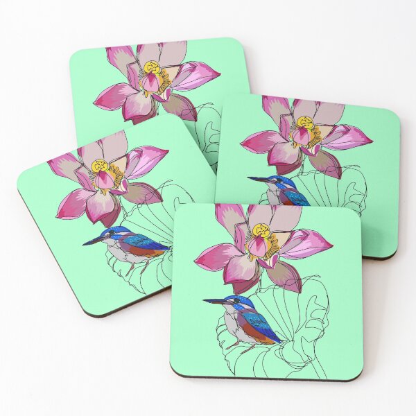 Item preview, Kingfisher on lotus continuous line sketch on light green designed and sold by orangerinka.