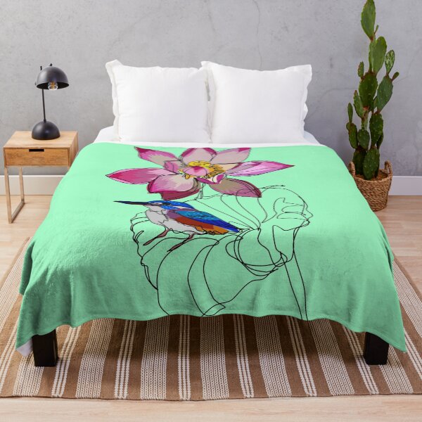 Item preview, Kingfisher on lotus continuous line sketch on light green designed and sold by orangerinka.