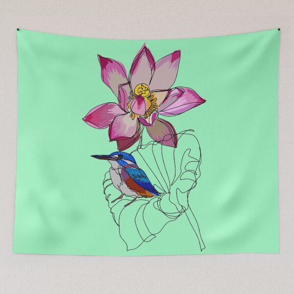 Item preview, Kingfisher on lotus continuous line sketch on light green designed and sold by orangerinka.
