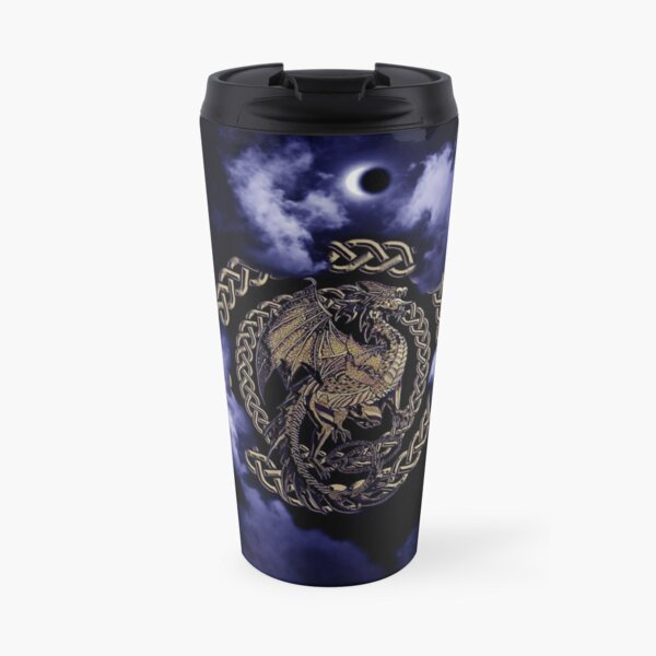 Gold Celtic Dragon Dark Blue Moon Eclipse in the Clouds Travel Mug