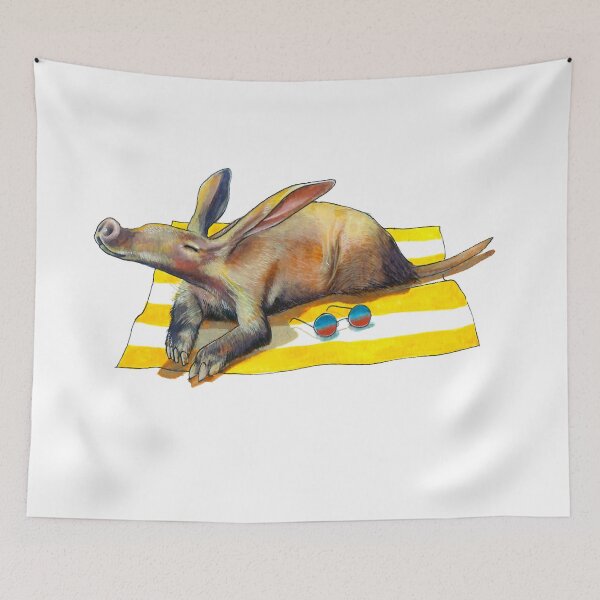 Item preview, Watercolor illustrated Aardvark lying on a yellow beach towel designed and sold by CarolineJordaan.
