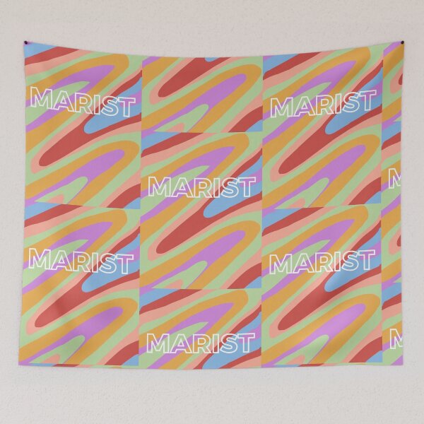 Item preview, Marist White Block Letters Logo with Groovy Rainbow Background designed and sold by katiemarielle.