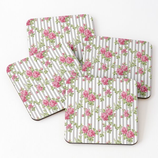 Item preview, Vintage Pink Roses Grey Stripe Pattern designed and sold by karwilberevivalcollection.