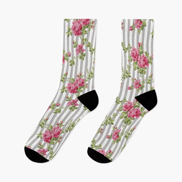 Item preview, Vintage Pink Roses Grey Stripe Pattern designed and sold by karwilberevivalcollection.