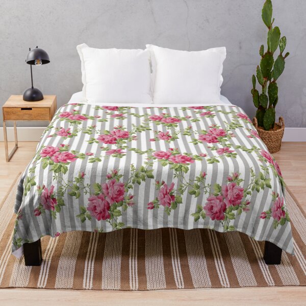 Item preview, Vintage Pink Roses Grey Stripe Pattern designed and sold by karwilberevivalcollection.