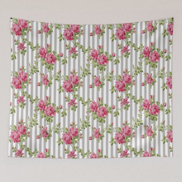 Item preview, Vintage Pink Roses Grey Stripe Pattern designed and sold by karwilberevivalcollection.