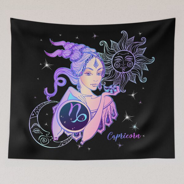 Item preview, Capricorn Zodiac Neon Lady With Sun and Crescent Moon designed and sold by Trinket-Trickster.