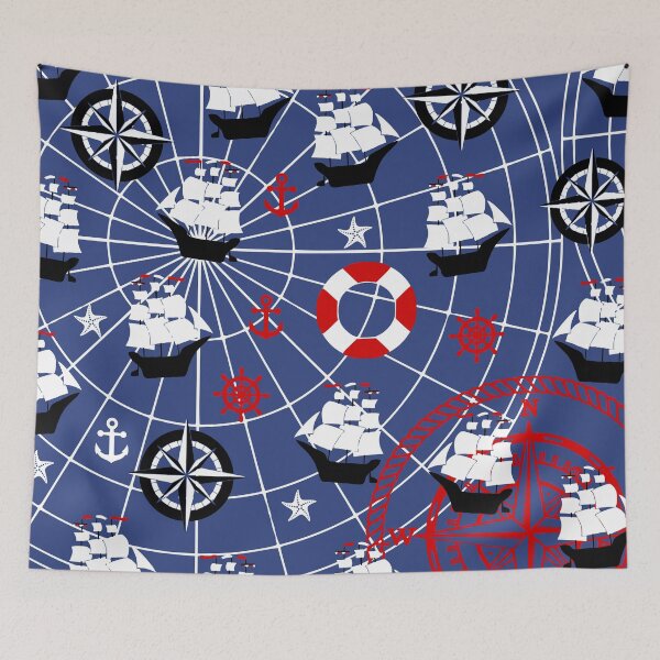 Item preview, Sailing Boat Pattern - nautical print with anchors and boats on blue background designed and sold by kapotka.