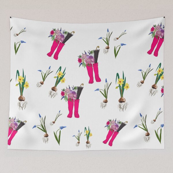 Item preview, Raspberry pink rain boots and spring flowers designed and sold by orangerinka.