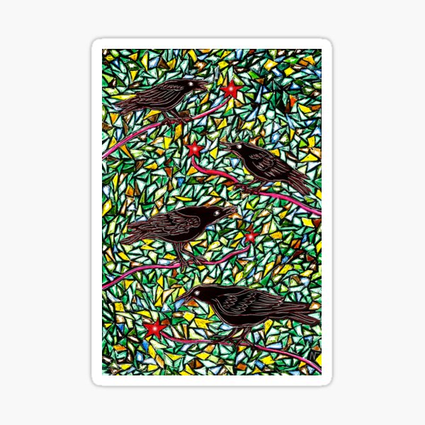 Murder of Crows sitting on red branches with mosaic background art Sticker
