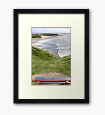 view of beach and cliffs in Ballybunion from bench Framed Print