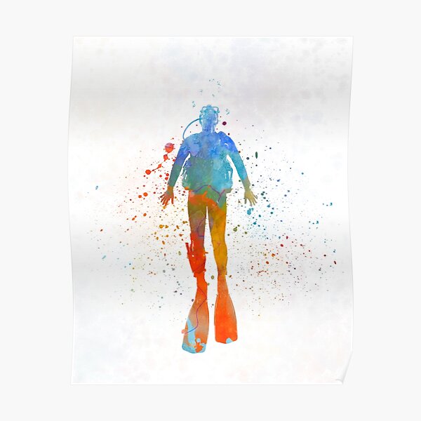 Man scuba diver 04 in watercolor Poster