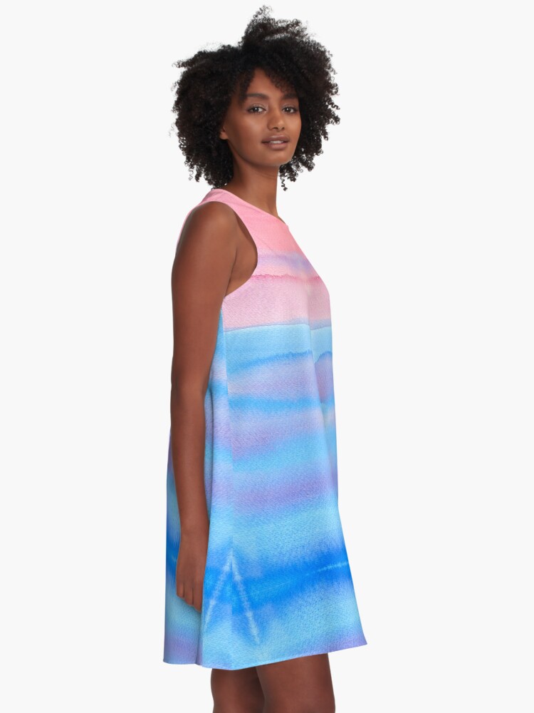 Alternate view of Hand-Painted Watercolor Blue Pink Ombre Gradation A-Line Dress