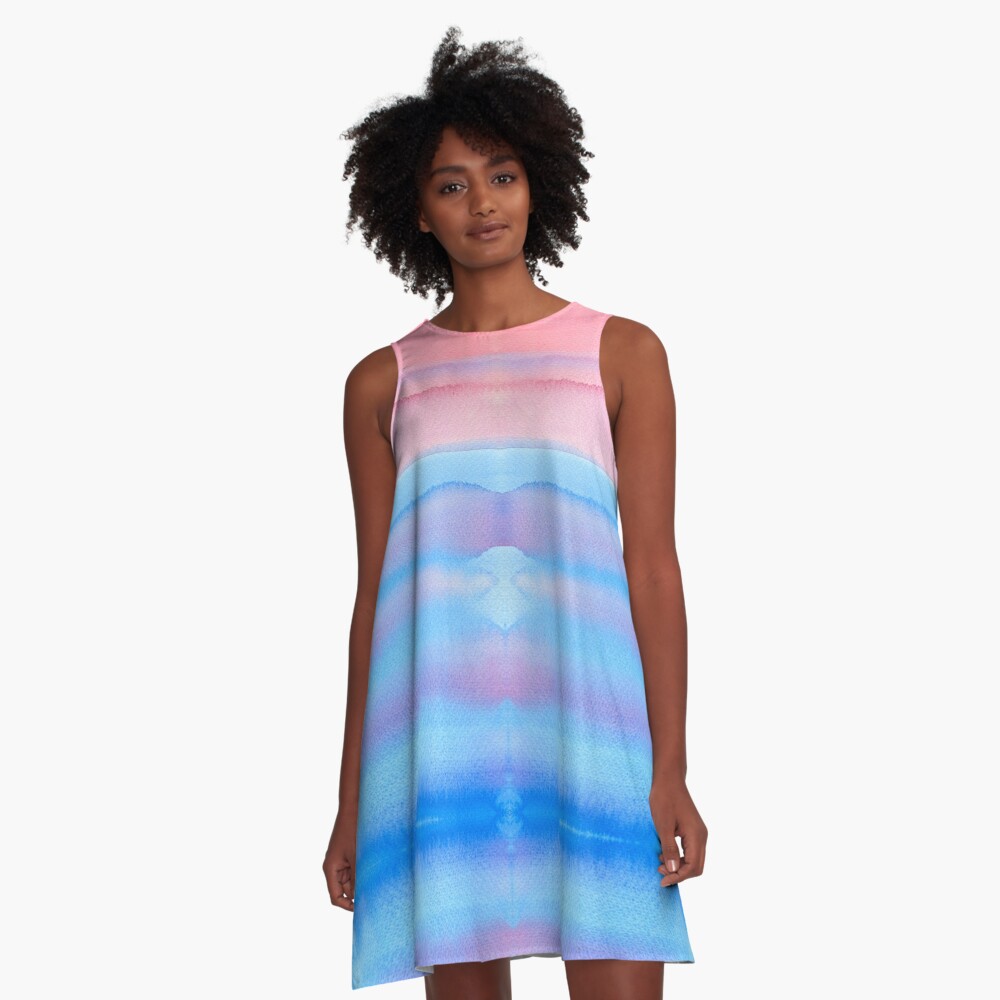 Hand-Painted Watercolor Blue Pink Ombre Gradation A-Line Dress