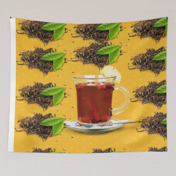 Item preview, A cup of tea in the midlle of leaves on a yeloow fond designed and sold by Mariocii.