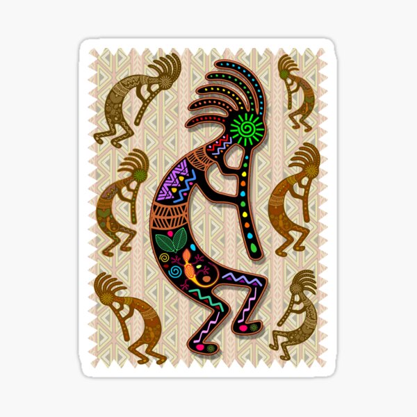 Kokopelli Rainbow Colors on Tribal Pattern Sticker