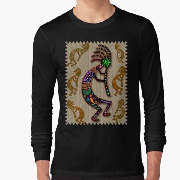 Kokopelli Rainbow Colors on Tribal Pattern Long Sleeve T-Shirt