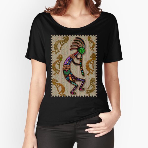 Kokopelli Rainbow Colors on Tribal Pattern Relaxed Fit T-Shirt