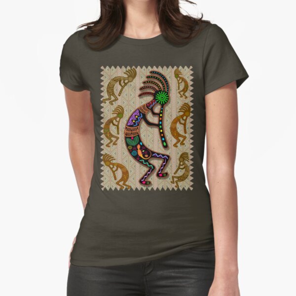 Kokopelli Rainbow Colors on Tribal Pattern Fitted T-Shirt