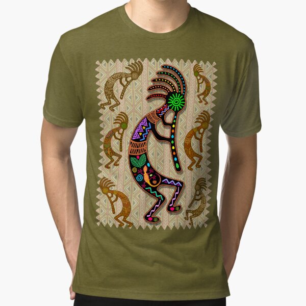 Kokopelli Rainbow Colors on Tribal Pattern Tri-blend T-Shirt