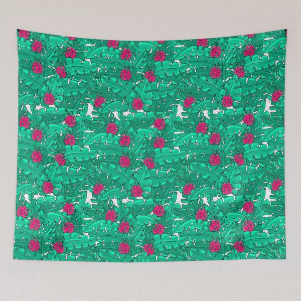 Item preview, Pink dragon fruit, pitaya, seamless pattern with jungle leaves designed and sold by FlamesandFrost.