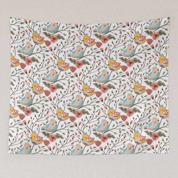 Item preview, Whimsical  Art Water Color Botanical Pattern of Birds and Flowers designed and sold by MortexApparel.