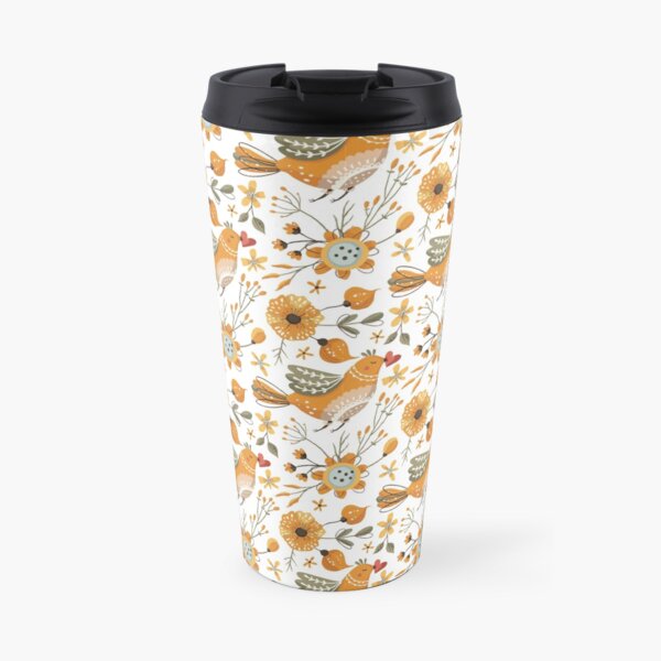 Watercolor Pattern of Flowers and Birds Illustration Art Travel Mug