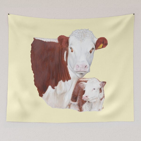 Item preview, Hereford Cow with Calf Painting (yellow background) designed and sold by SandraWarmerdam.