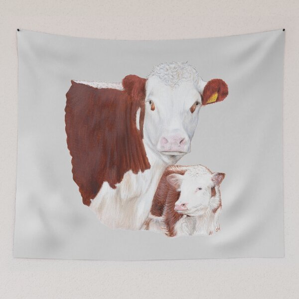 Item preview, Hereford Cow with Calf Painting (grey background) designed and sold by SandraWarmerdam.