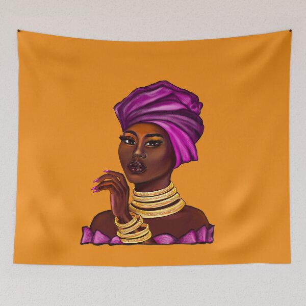 Item preview, Queen Black is beautiful II black girl with Gold bangles, neck ring necklace, purple dress and head wrap, brown eyes and dark brown skin ! designed and sold by Artonmytee.