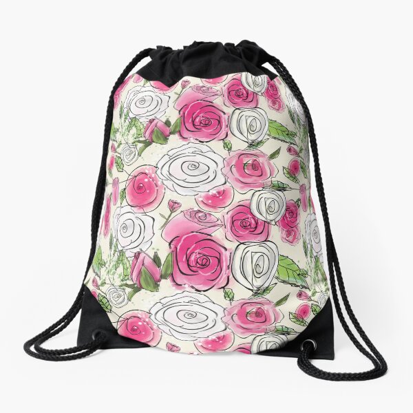 Sketchy Roses: Cute Pink and White Rose Floral Pattern Drawstring Bag